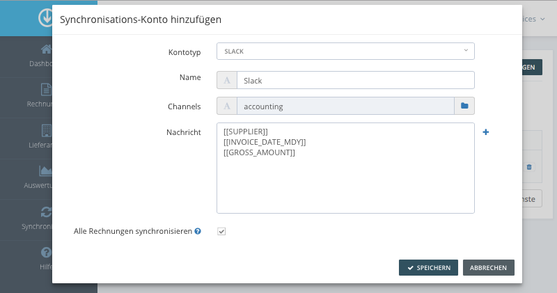 Schritt in GetMyInvoices für die Slack-Integration