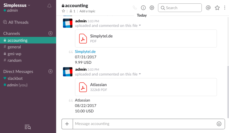 Schritt in GetMyInvoices für die Slack-Integration
