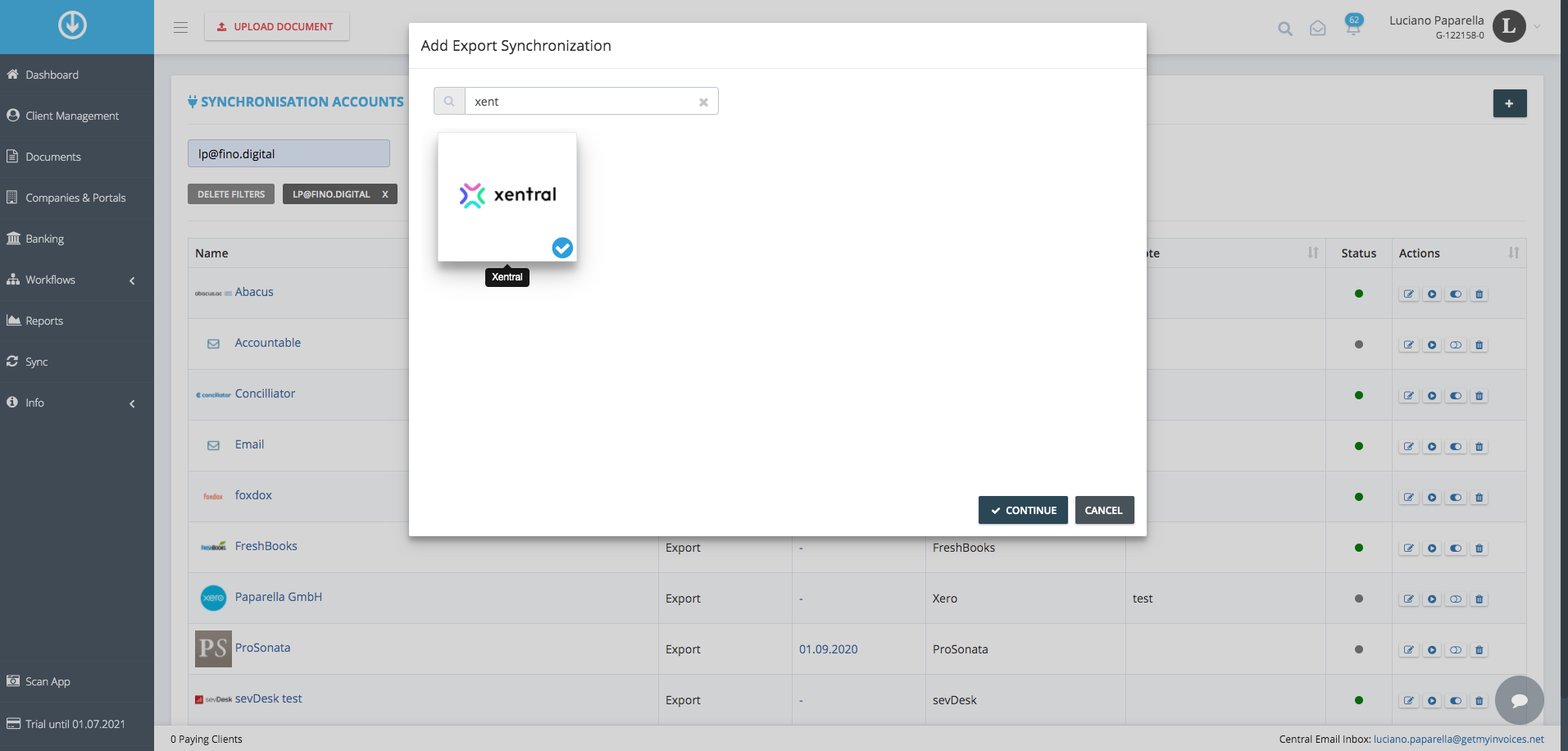 Schritt in GetMyInvoices für die Xentral-Integration