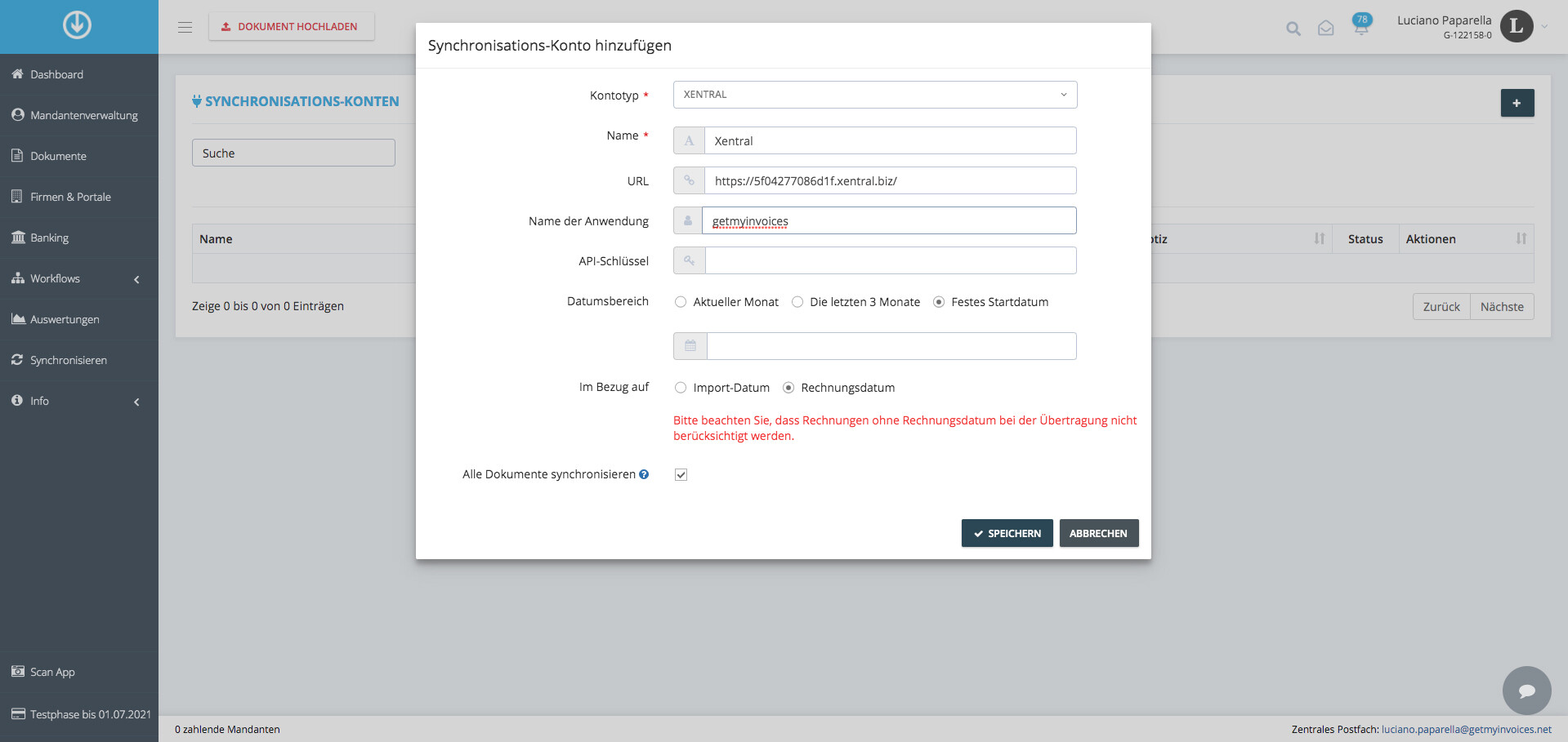 Schritt in GetMyInvoices für die Xentral-Integration