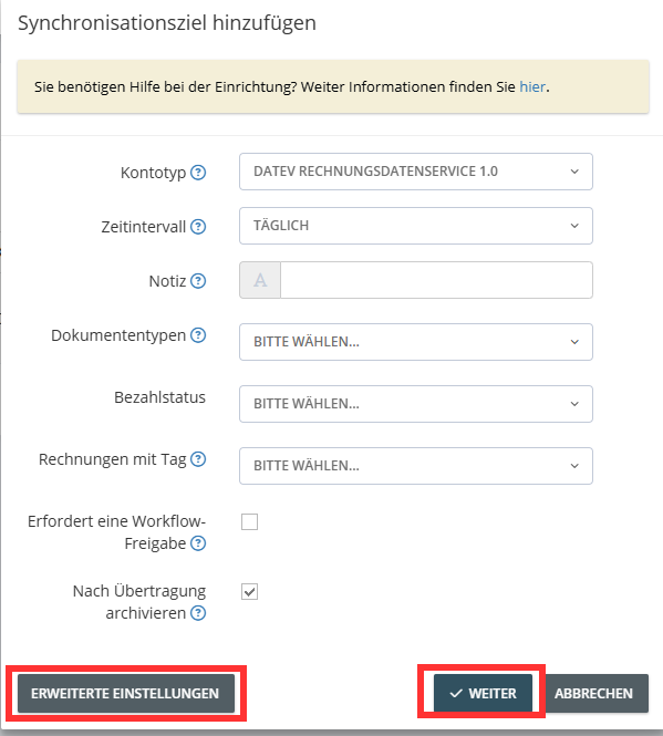 Paso en GetMyInvoices para la integración DATEV
