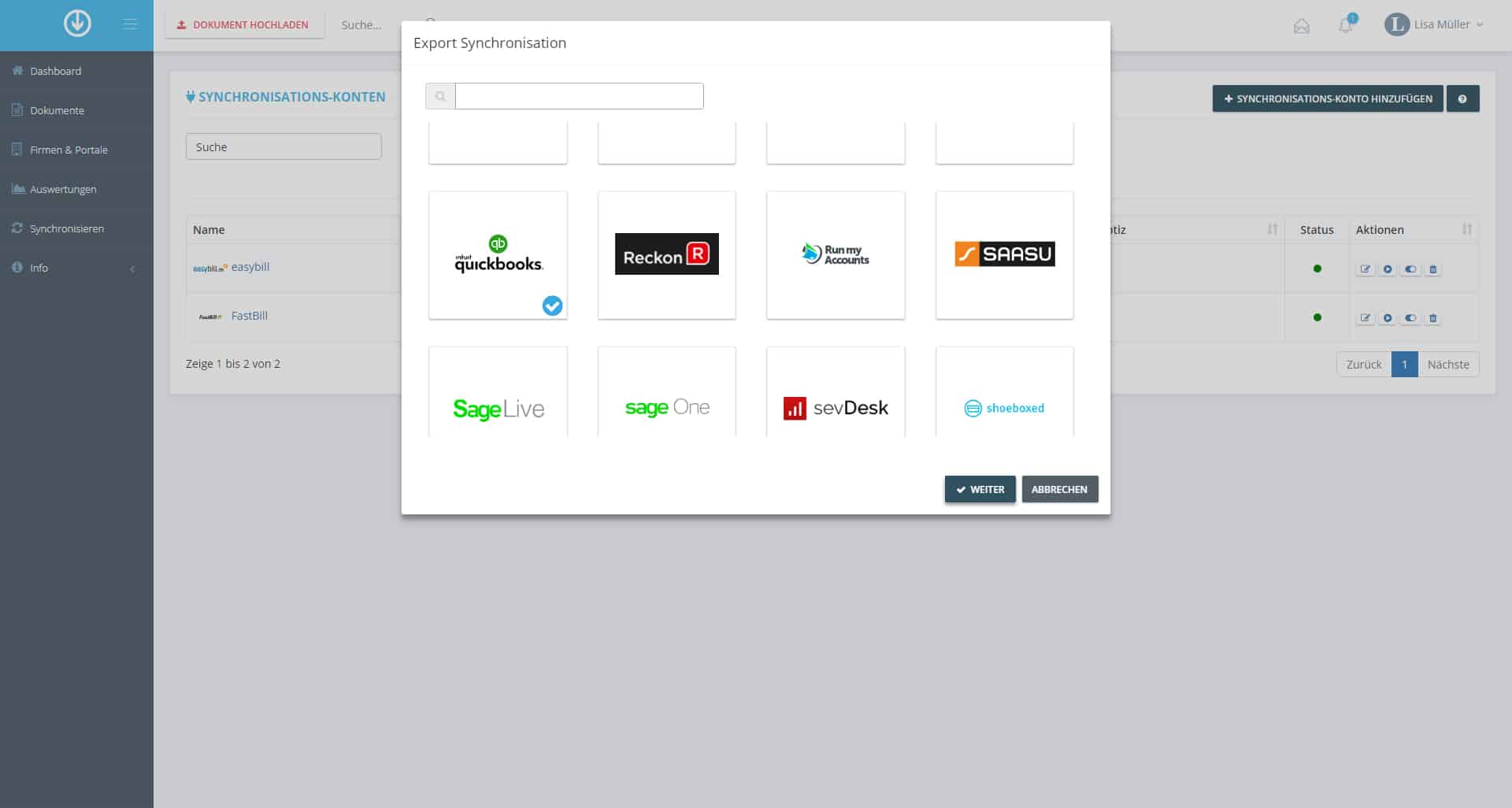 Schritt in GetMyInvoices für die QuickBooks-Integration