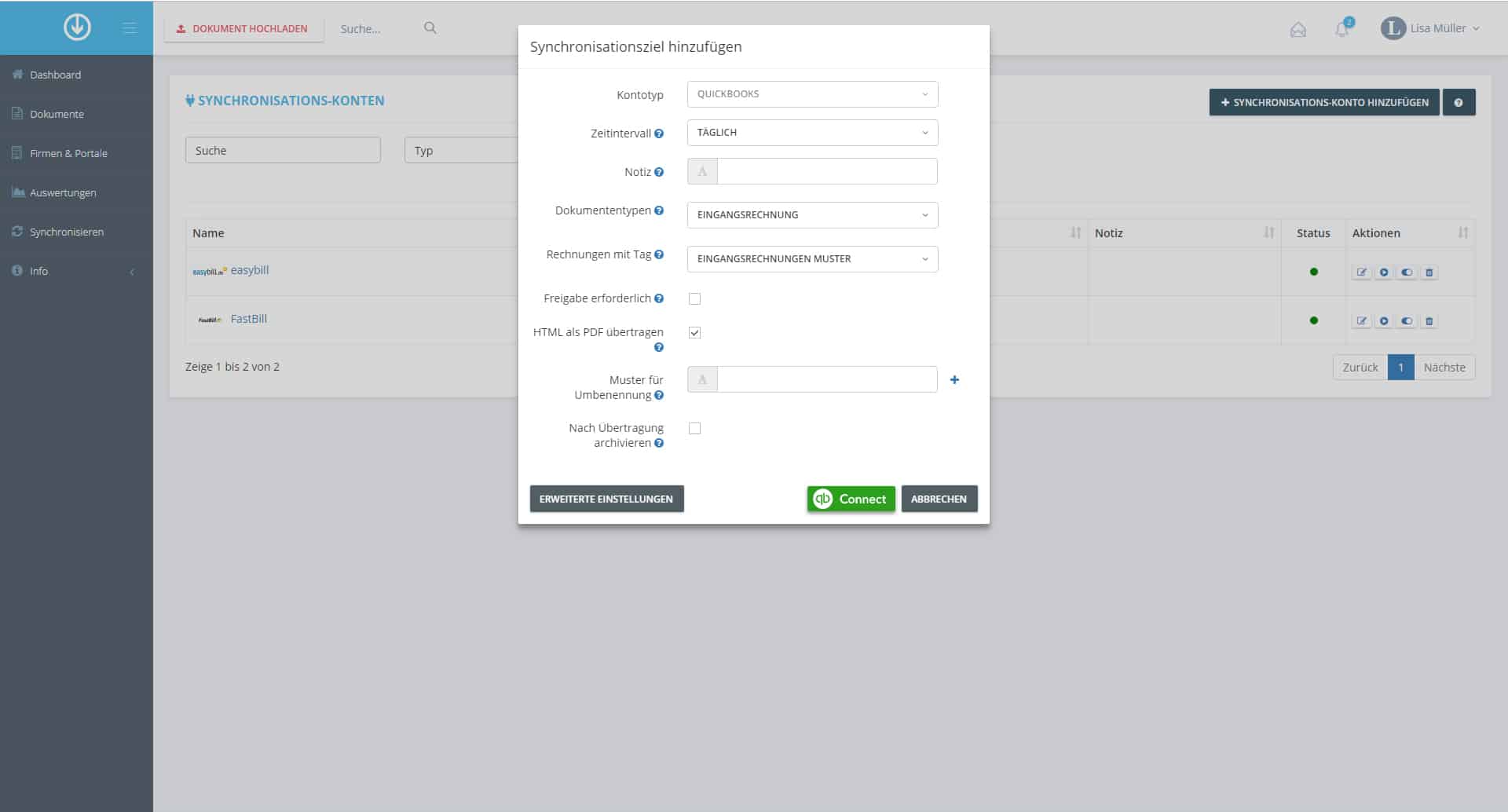 Schritt in GetMyInvoices für die QuickBooks-Integration
