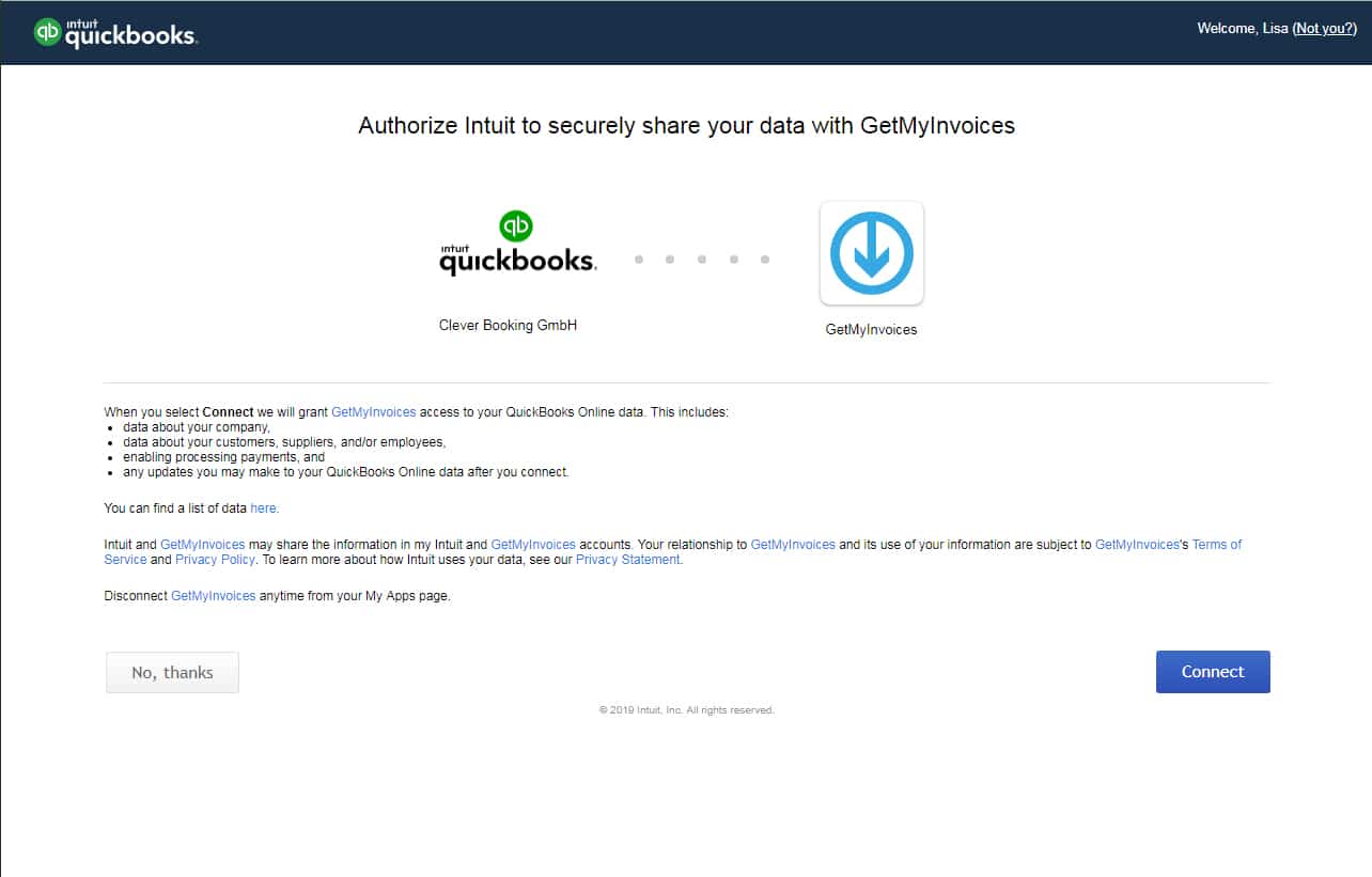 Schritt in GetMyInvoices für die QuickBooks-Integration