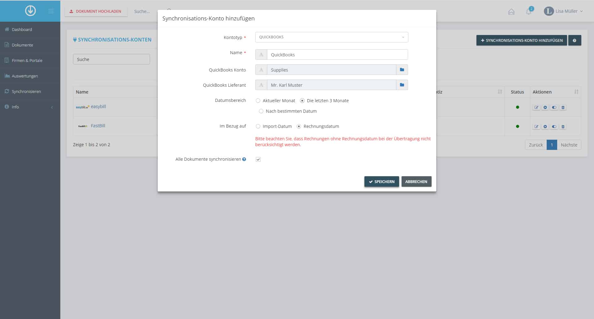 Schritt in GetMyInvoices für die QuickBooks-Integration