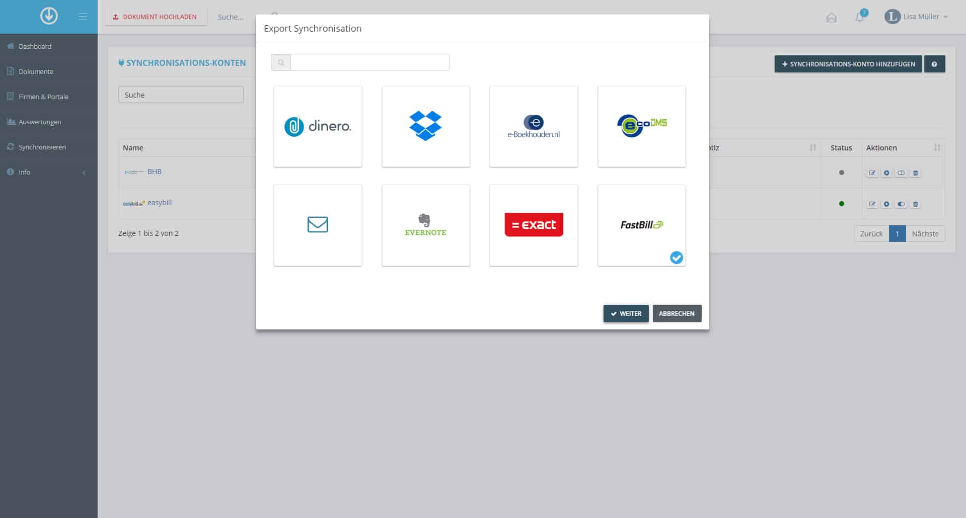 Schritt in GetMyInvoices für die FastBill-Integration