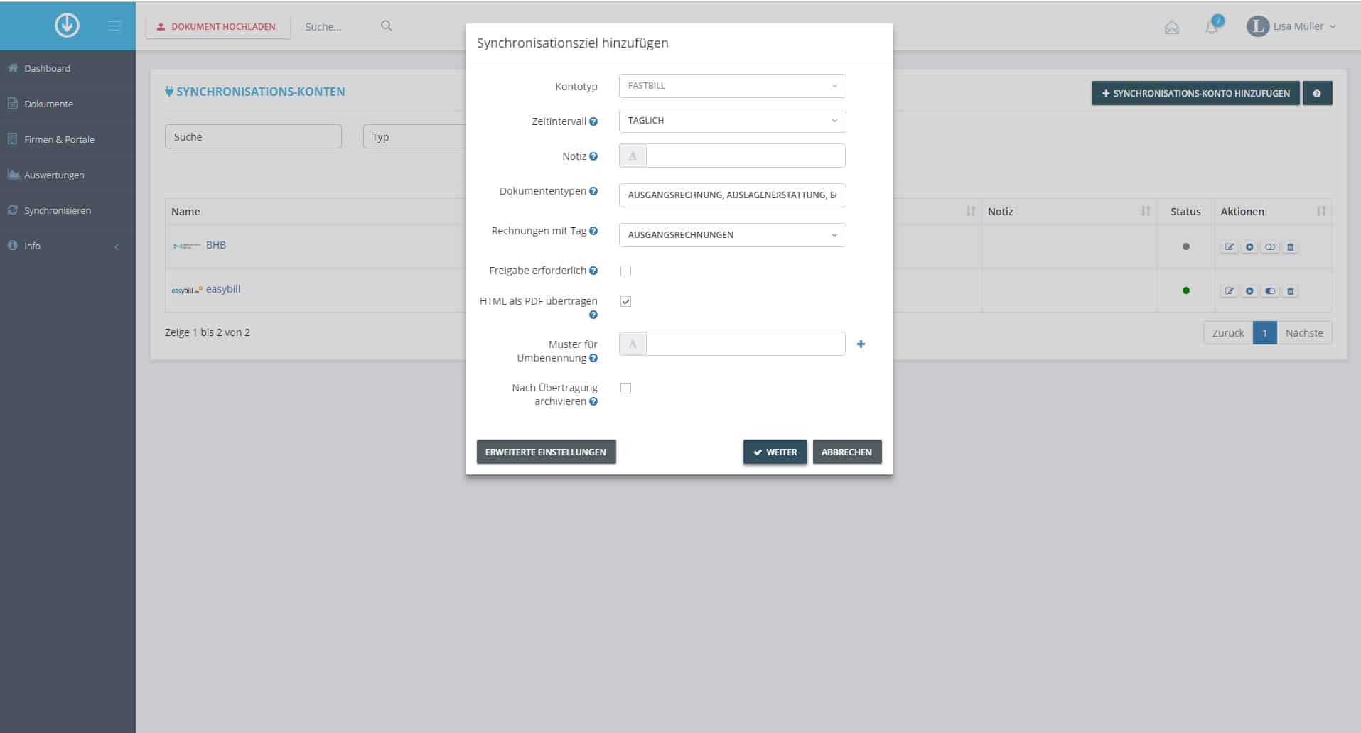 Schritt in GetMyInvoices für die FastBill-Integration