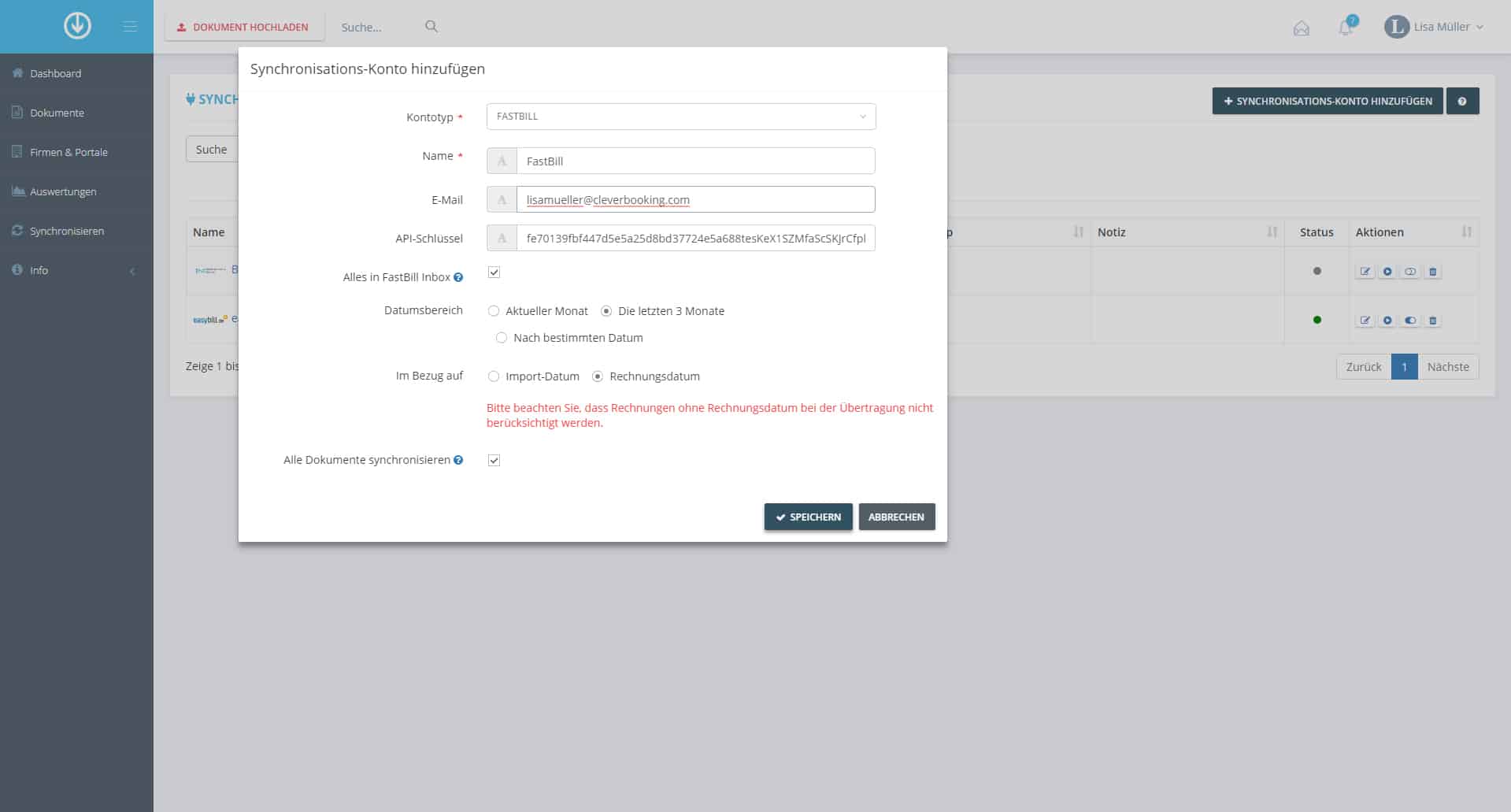 Schritt in GetMyInvoices für die FastBill-Integration