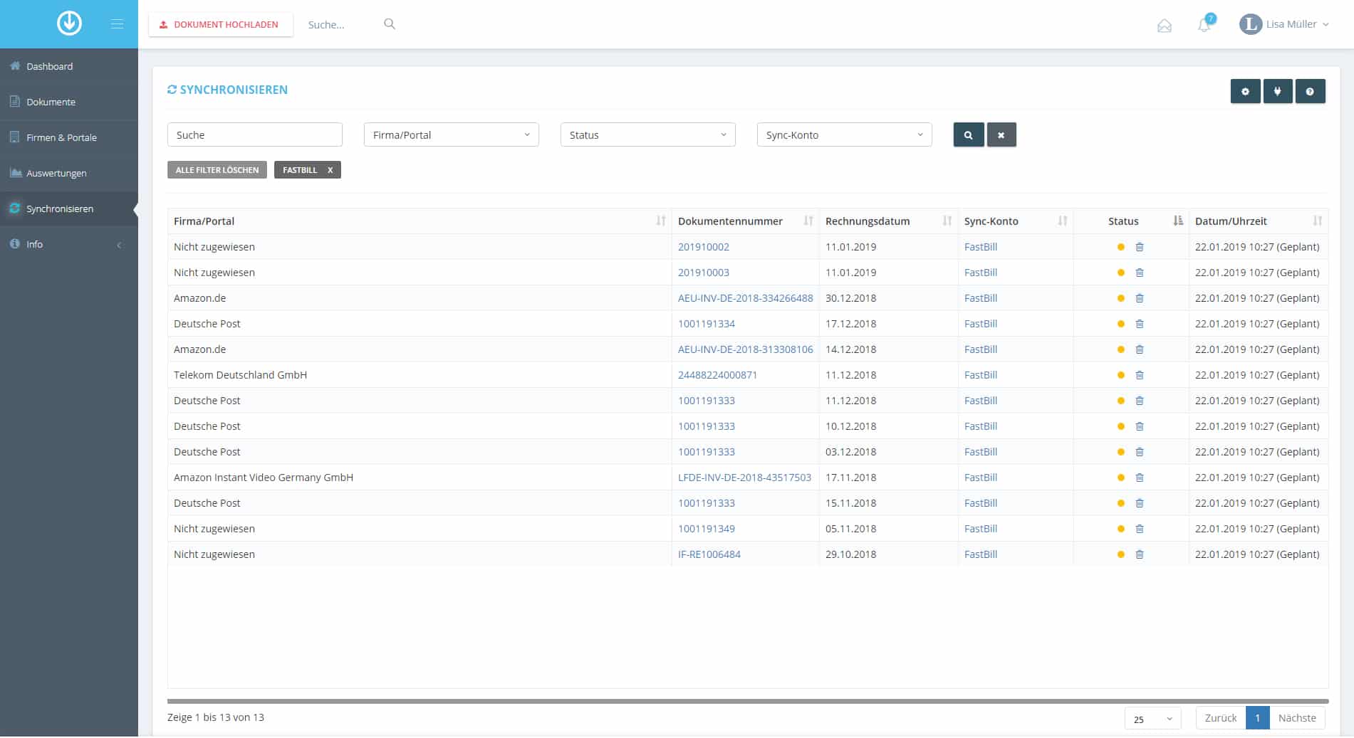 Schritt in GetMyInvoices für die FastBill-Integration