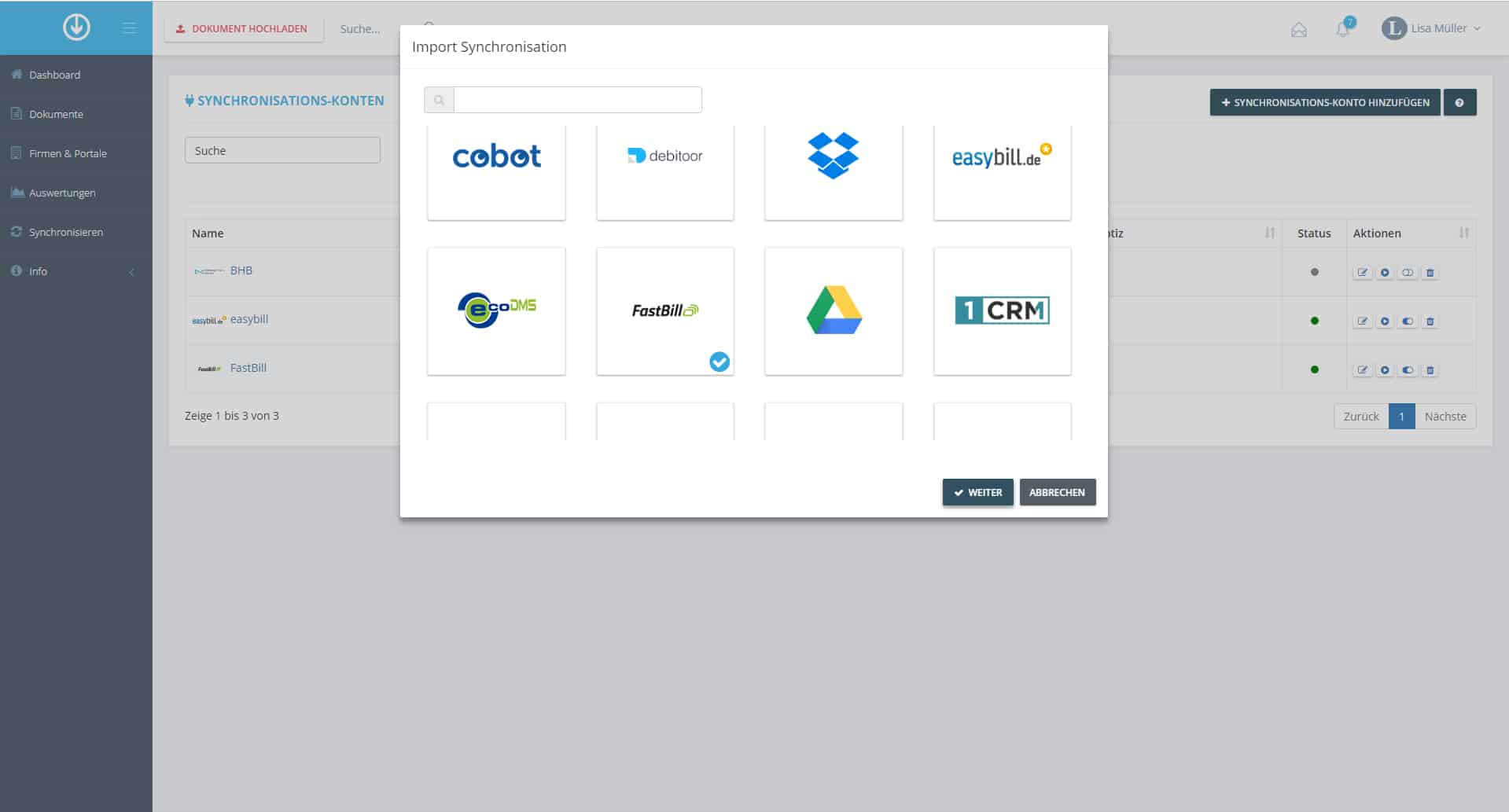 Schritt in GetMyInvoices für die FastBill-Integration