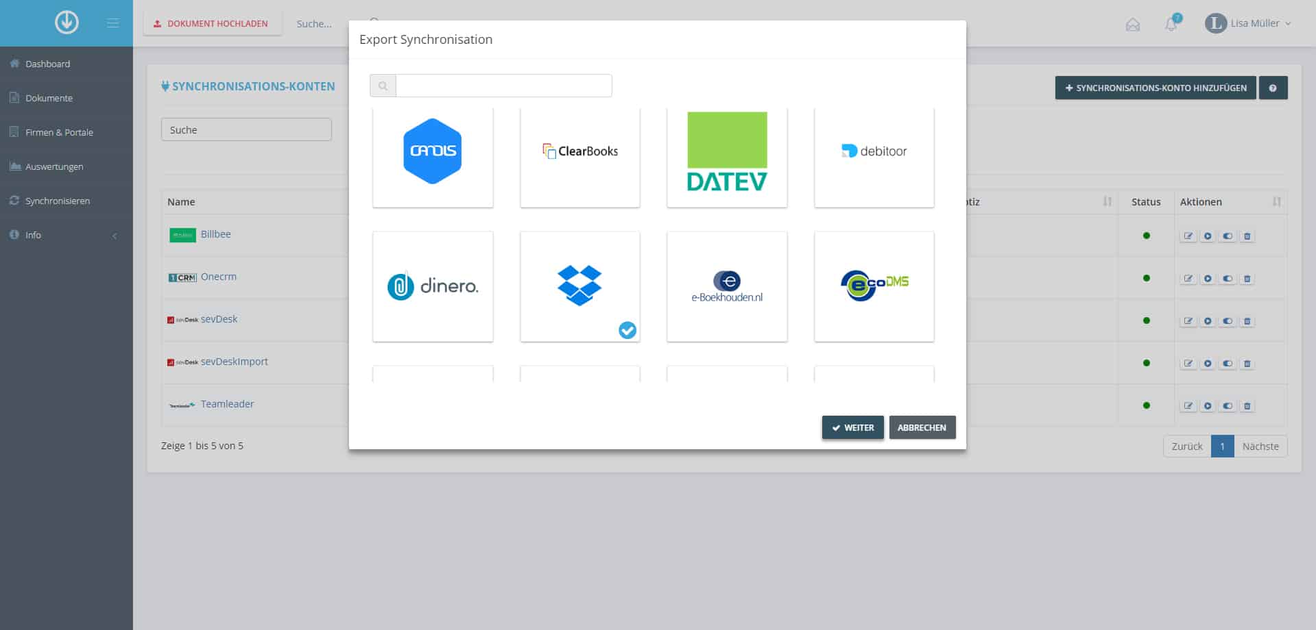 Schritt in GetMyInvoices für die Dropbox-Integration