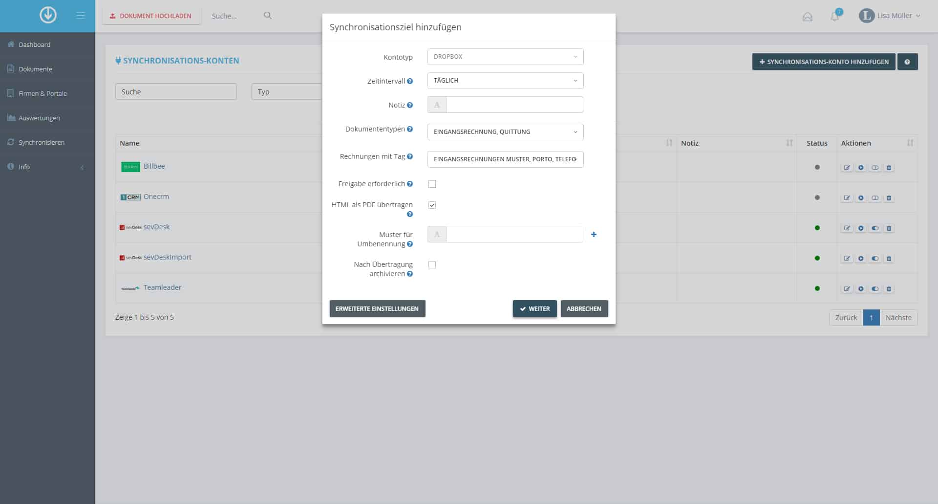 Schritt in GetMyInvoices für die Dropbox-Integration