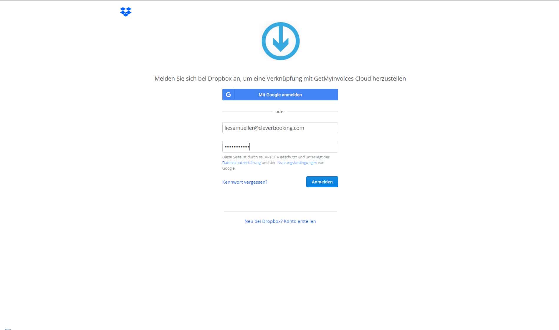 Schritt in GetMyInvoices für die Dropbox-Integration