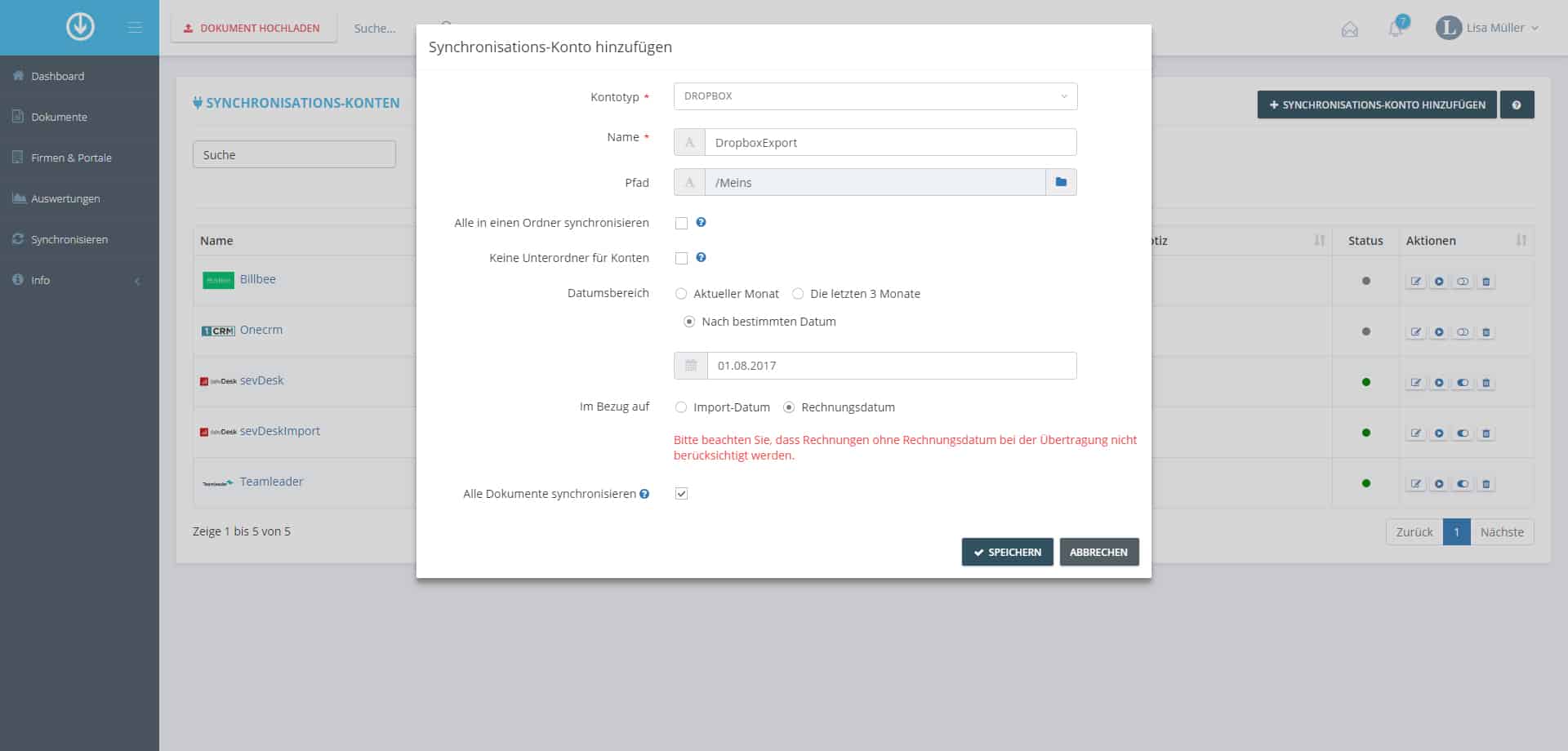Schritt in GetMyInvoices für die Dropbox-Integration