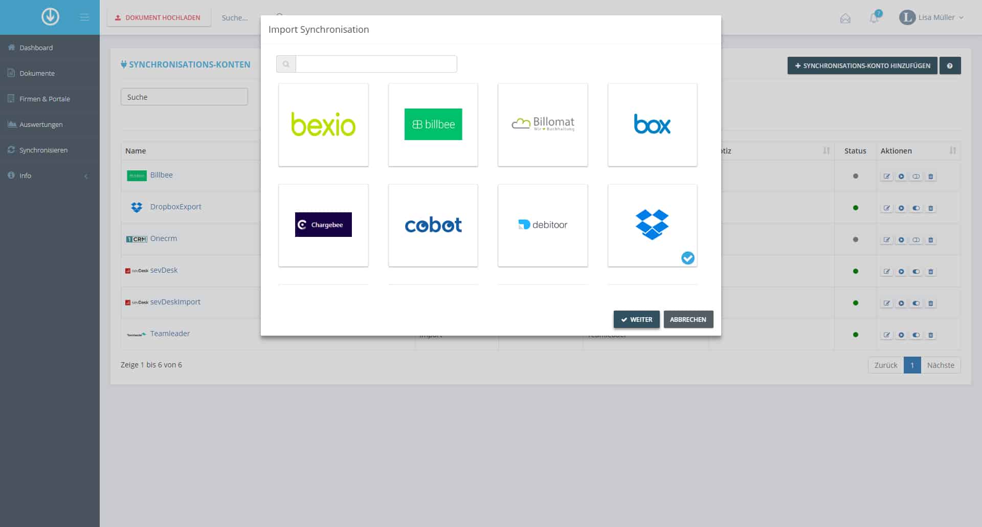 Schritt in GetMyInvoices für die Dropbox-Integration