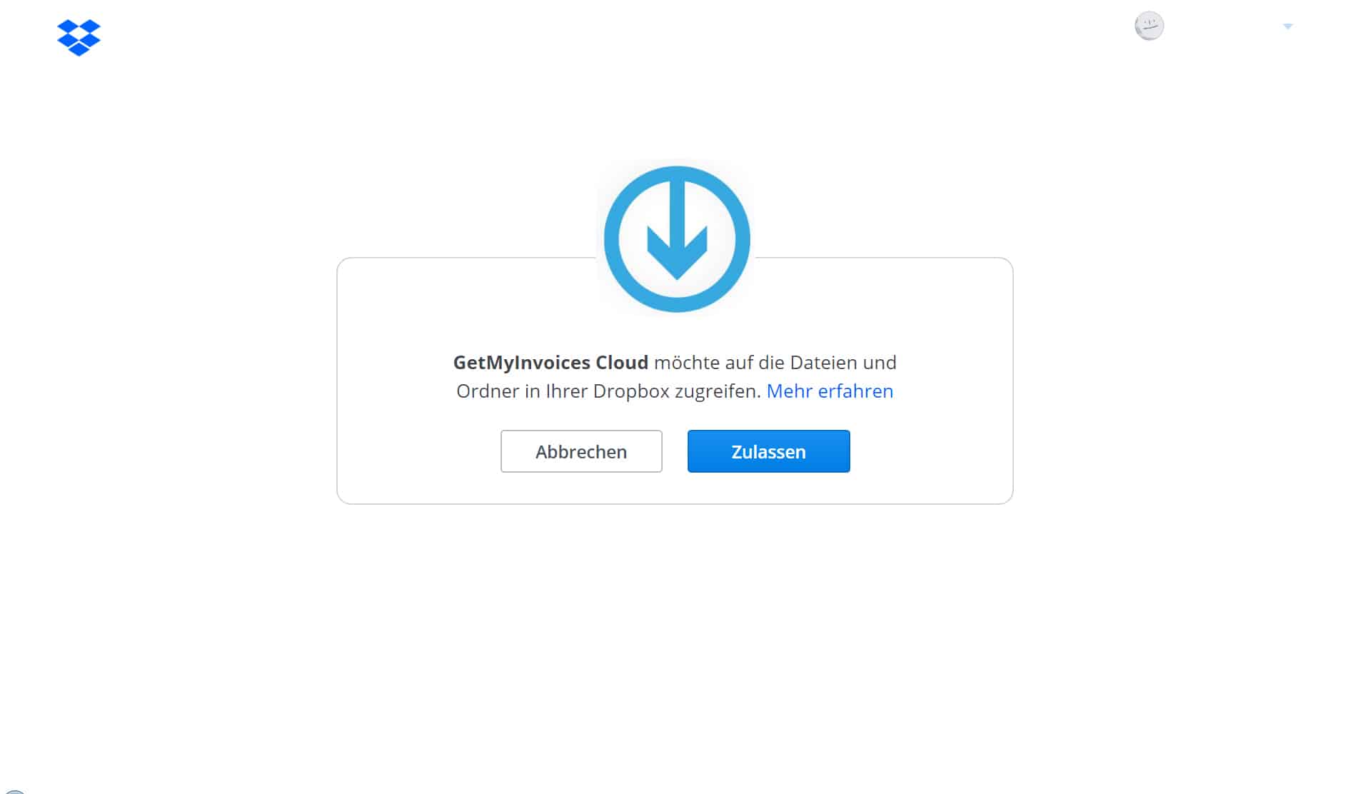 Schritt in GetMyInvoices für die Dropbox-Integration