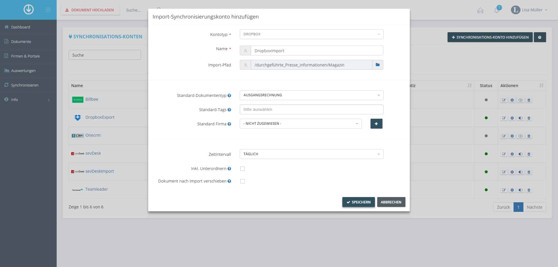 Schritt in GetMyInvoices für die Dropbox-Integration