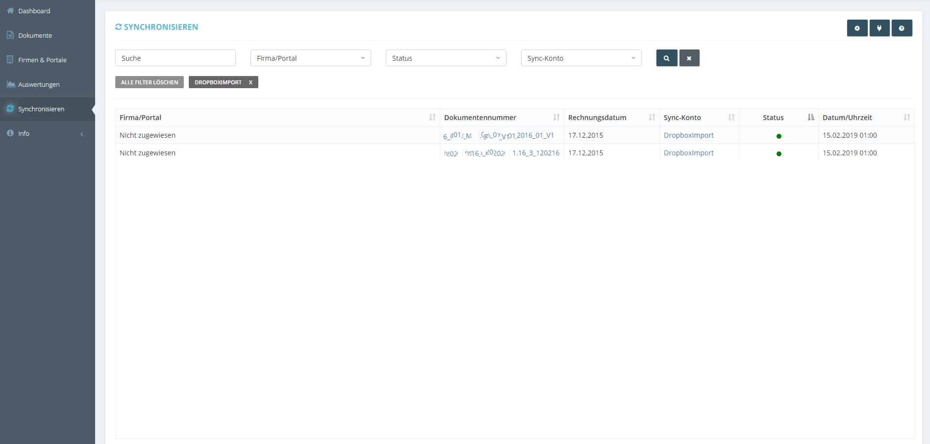 Schritt in GetMyInvoices für die Dropbox-Integration