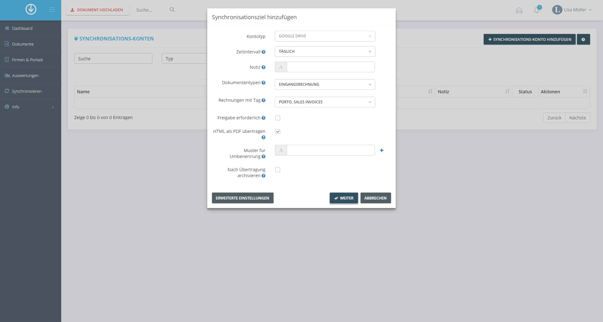 Schritt in GetMyInvoices für die Google Drive-Integration
