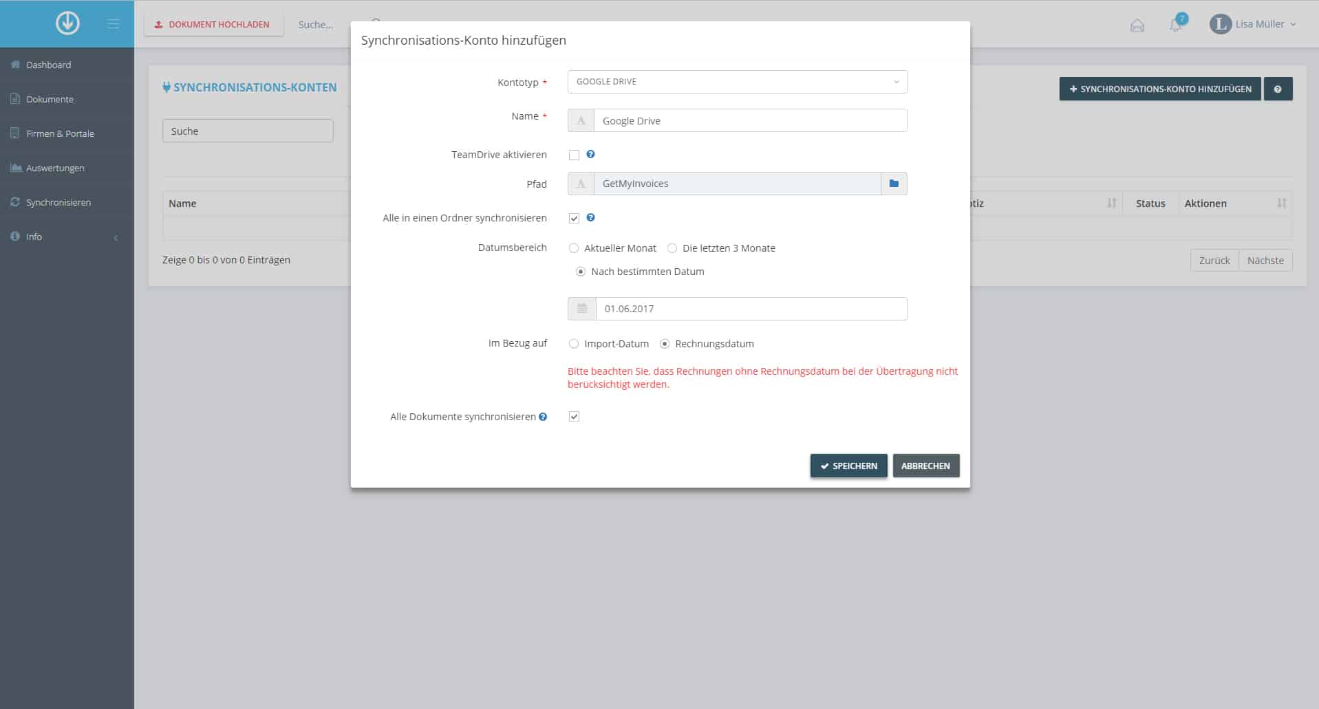 Schritt in GetMyInvoices für die Google Drive-Integration