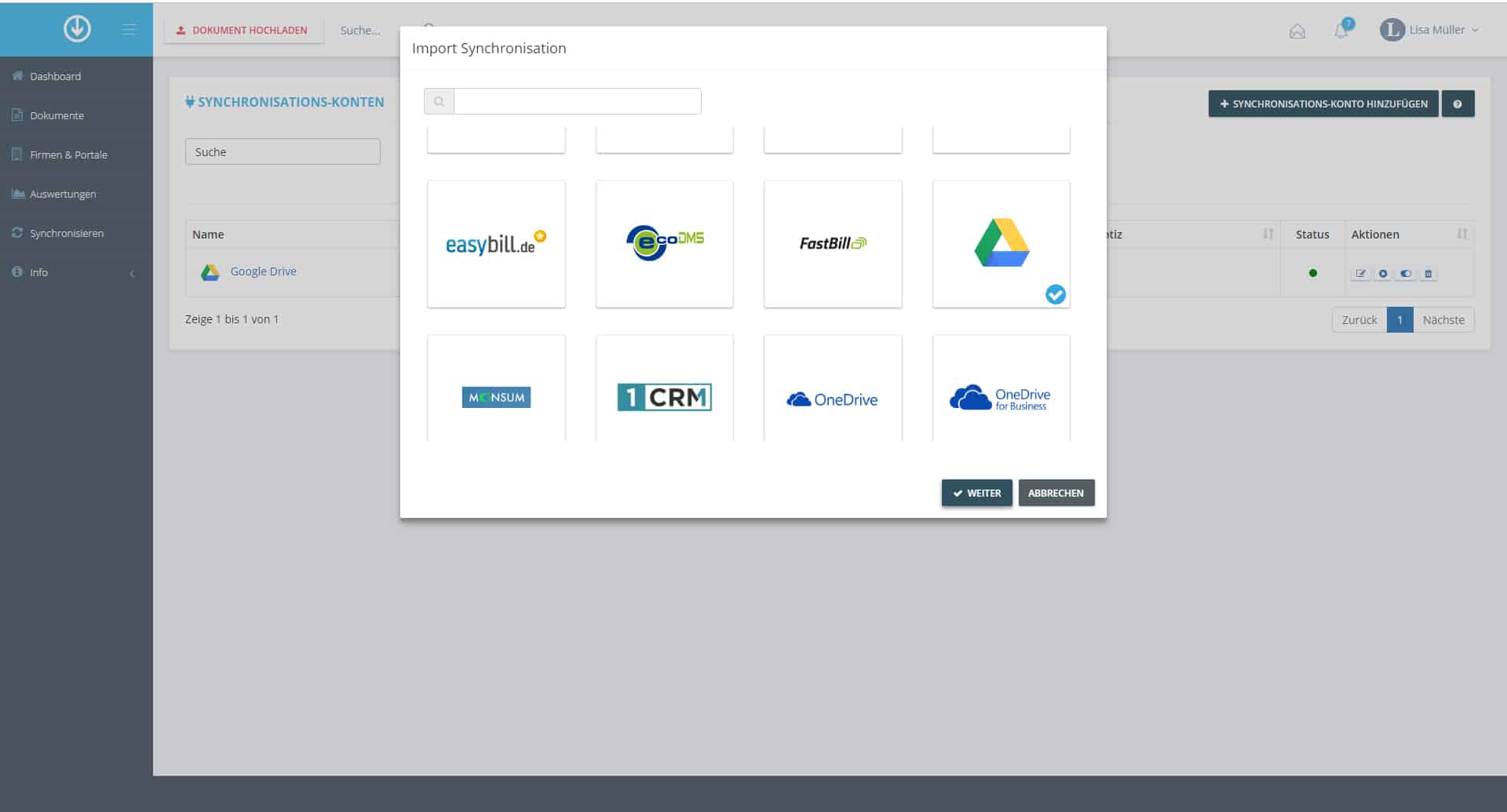 Schritt in GetMyInvoices für die Google Drive-Integration