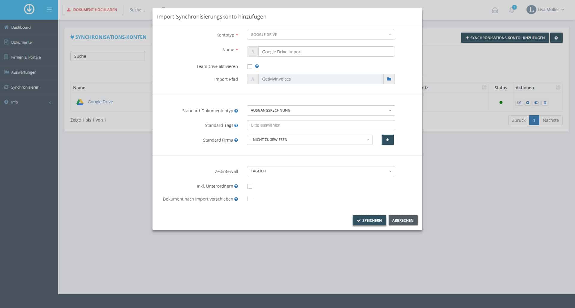 Schritt in GetMyInvoices für die Google Drive-Integration
