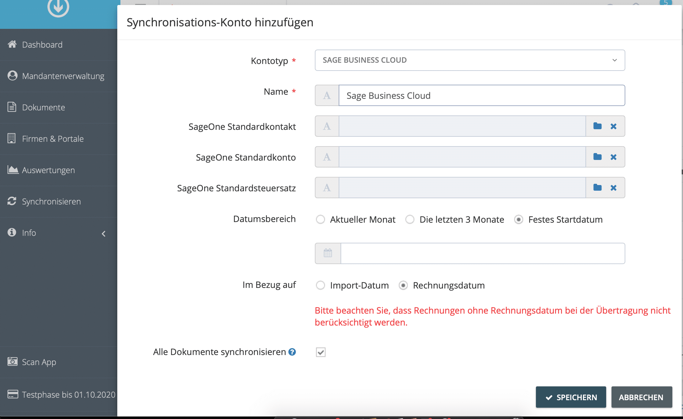Schritt in GetMyInvoices für die Sage Business Cloud - Buchhaltung-Integration