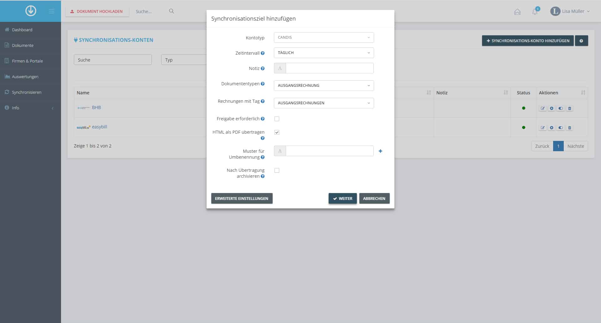 Schritt in GetMyInvoices für die Candis-Integration