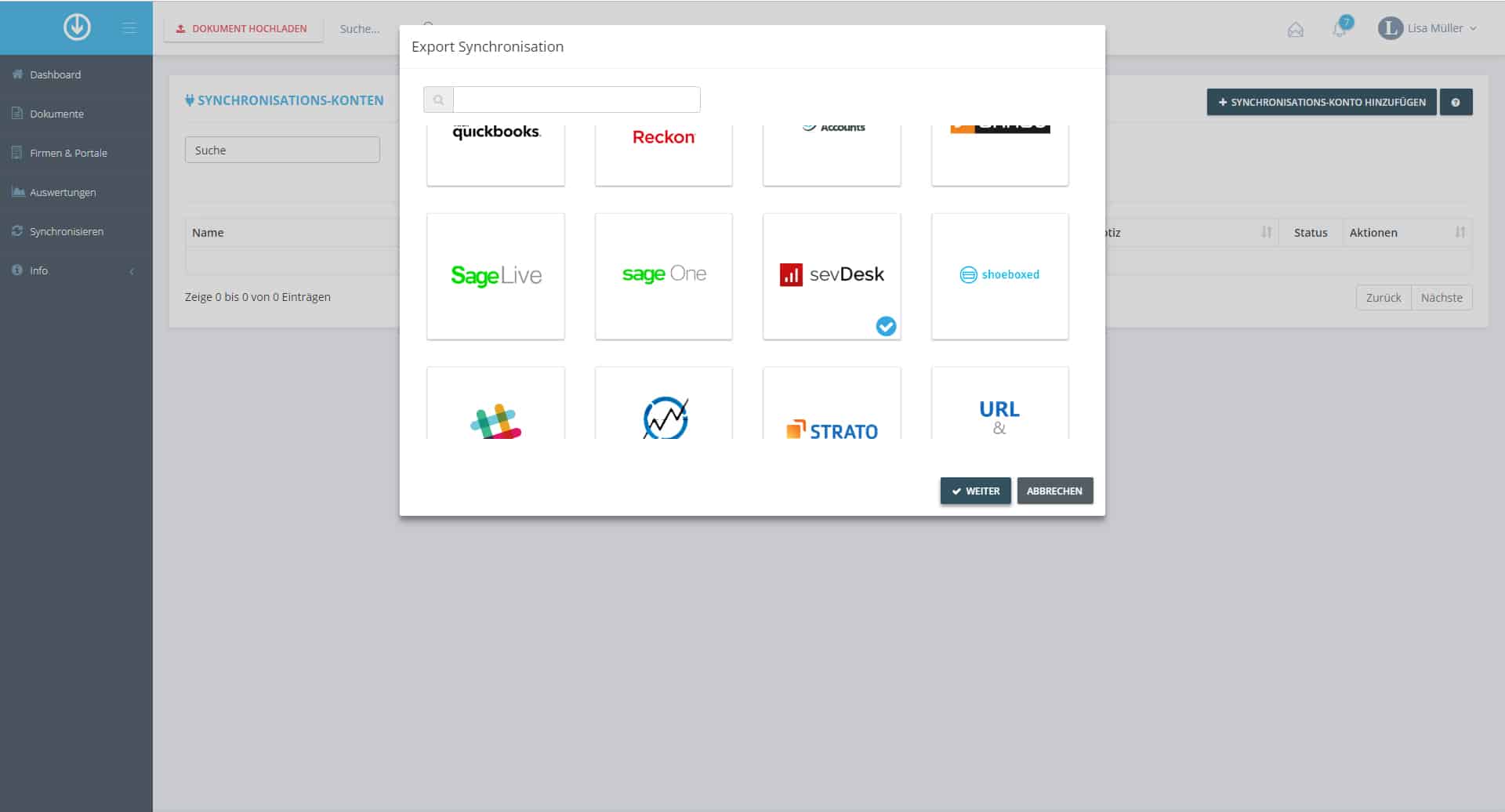 Schritt in GetMyInvoices für die sevdesk-Integration