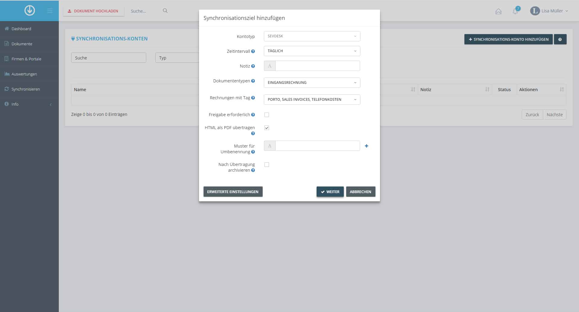 Schritt in GetMyInvoices für die sevdesk-Integration