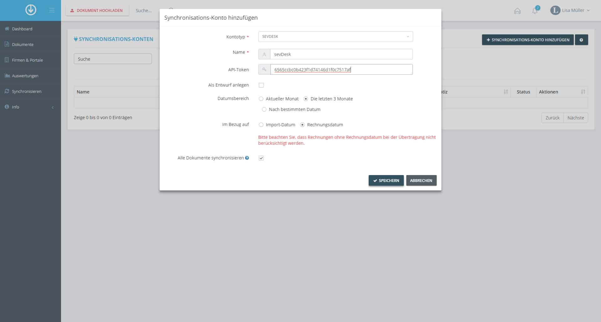 Schritt in GetMyInvoices für die sevdesk-Integration