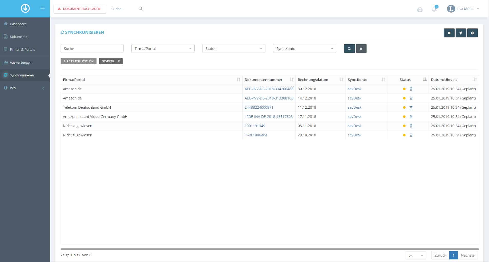Schritt in GetMyInvoices für die sevdesk-Integration