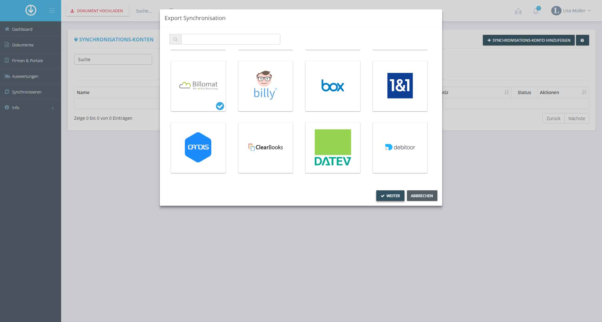 Schritt in GetMyInvoices für die Billomat-Integration