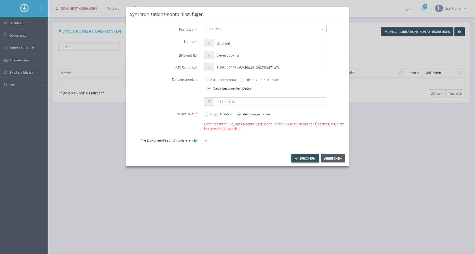 Schritt in GetMyInvoices für die Billomat-Integration