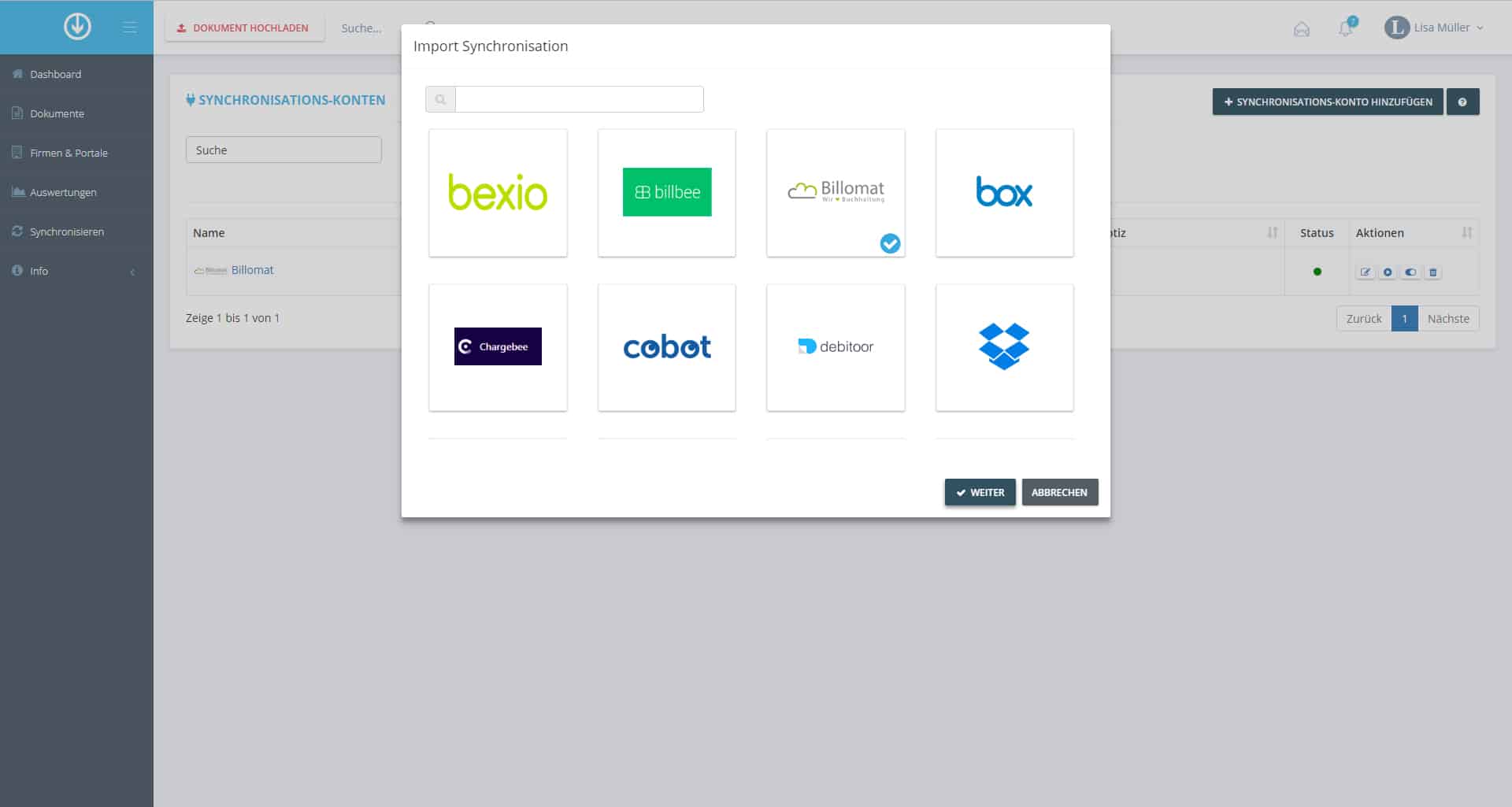 Schritt in GetMyInvoices für die Billomat-Integration