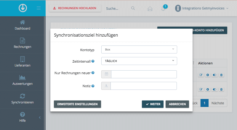 Schritt in GetMyInvoices für die Box-Integration
