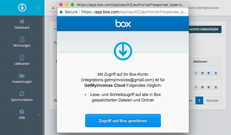 Schritt in GetMyInvoices für die Box-Integration