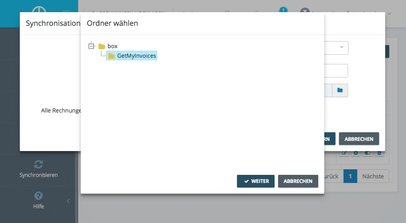 Schritt in GetMyInvoices für die Box-Integration