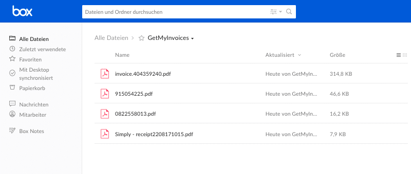 Schritt in GetMyInvoices für die Box-Integration