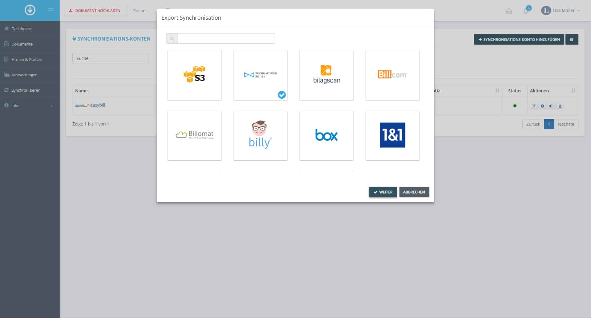 Schritt in GetMyInvoices für die BuchhaltungsButler-Integration