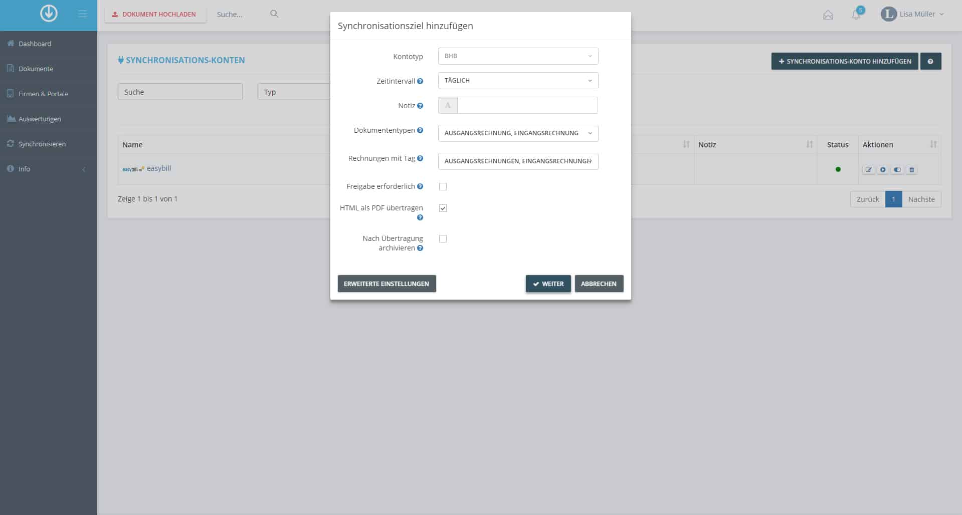 Schritt in GetMyInvoices für die BuchhaltungsButler-Integration