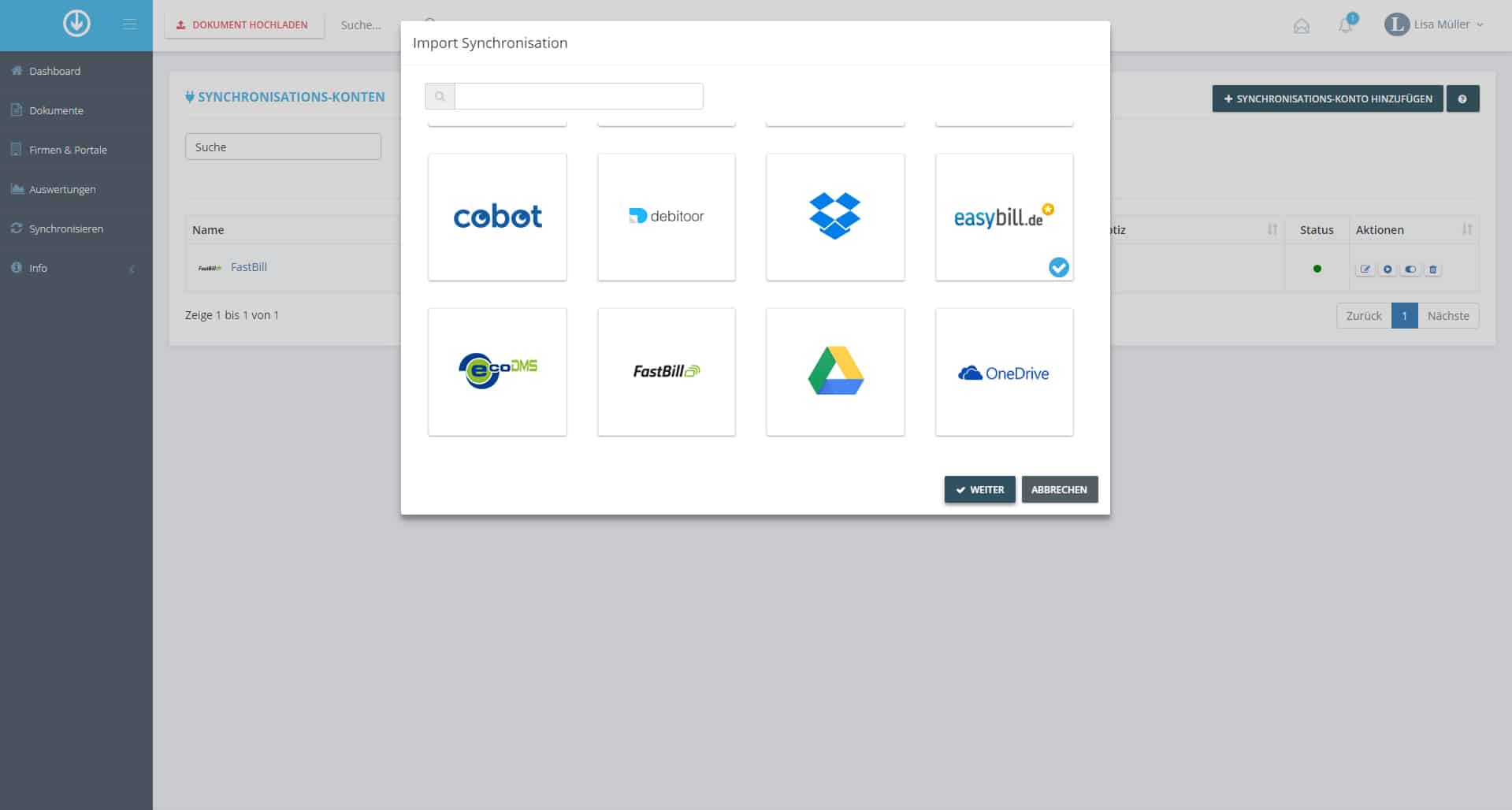 Schritt in GetMyInvoices für die easyBill-Integration