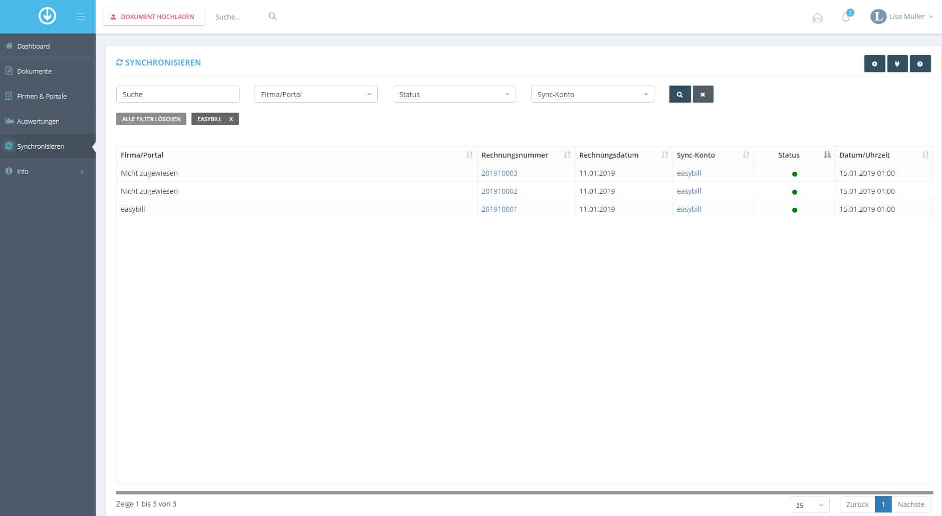 Schritt in GetMyInvoices für die easyBill-Integration