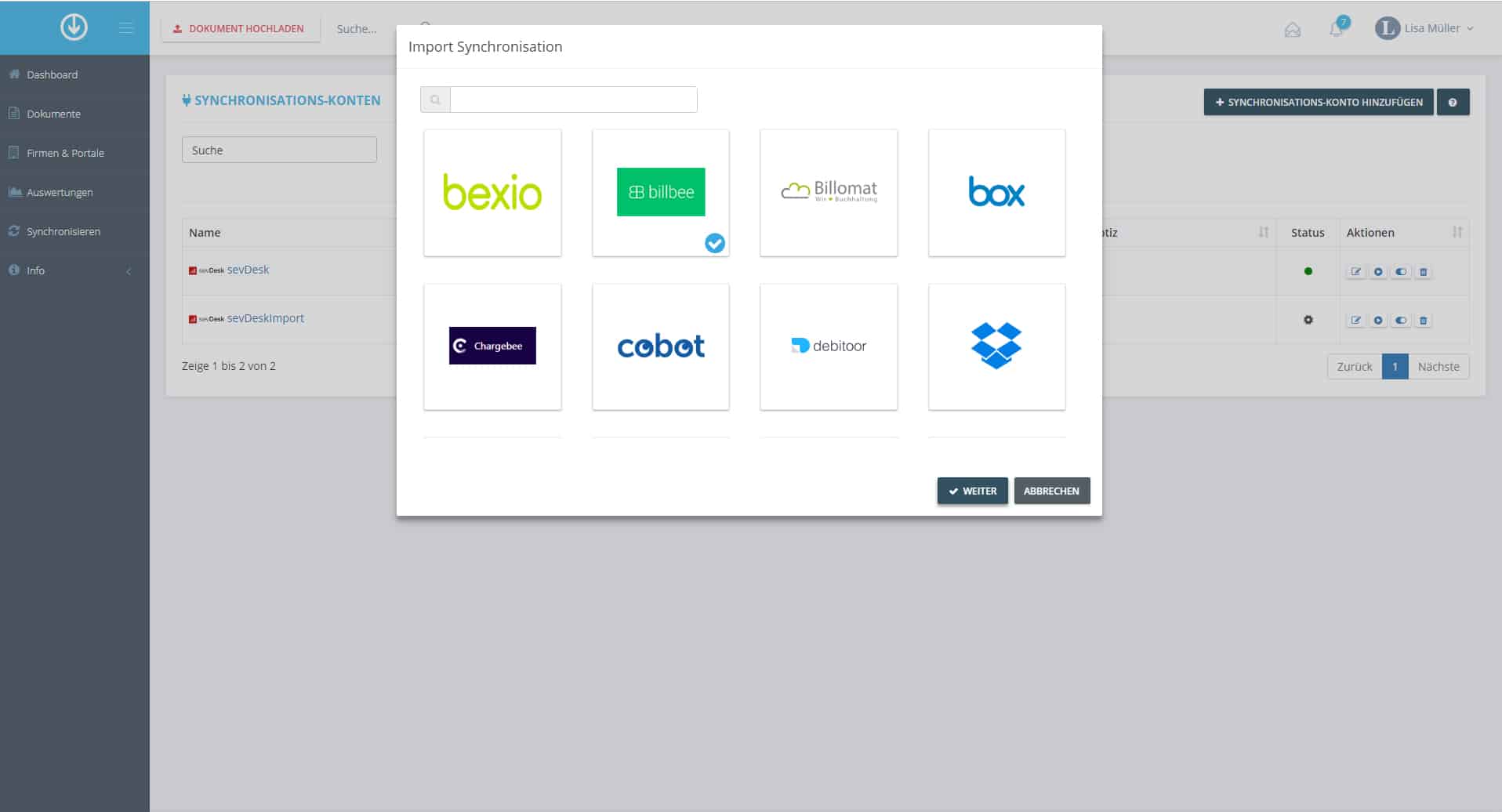 Schritt in GetMyInvoices für die Billbee-Integration