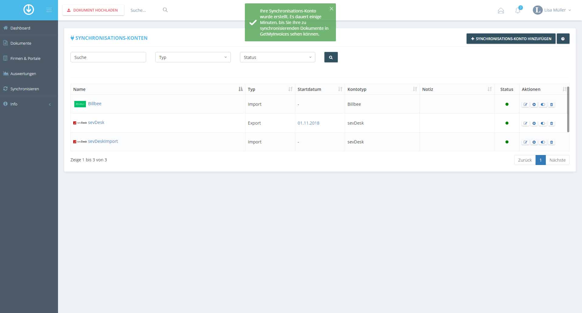 Schritt in GetMyInvoices für die Billbee-Integration