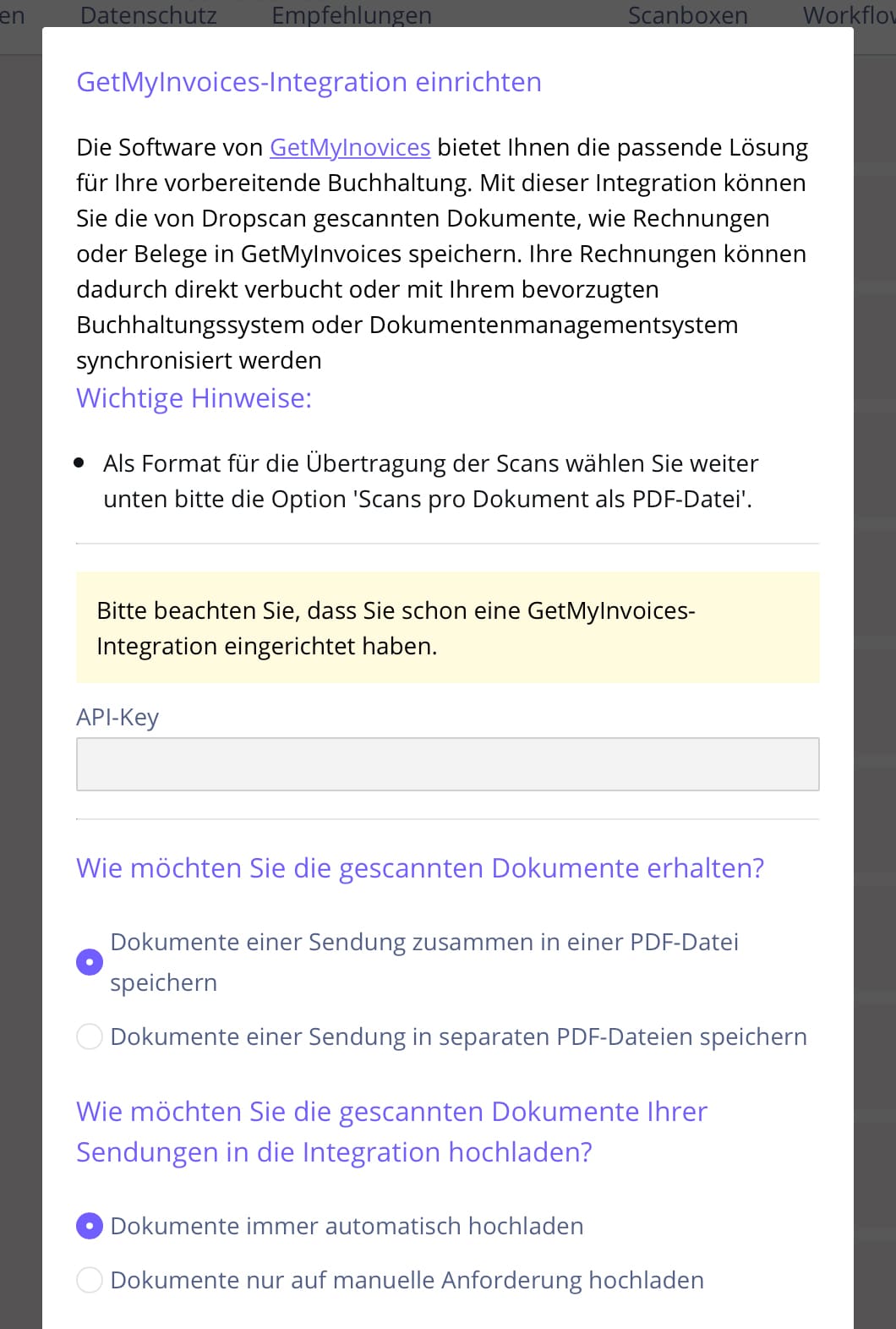 Schritt in GetMyInvoices für die Dropscan-Integration