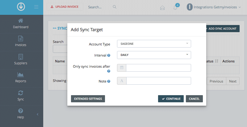 Schritt in GetMyInvoices für die Sage Business Cloud - Buchhaltung-Integration