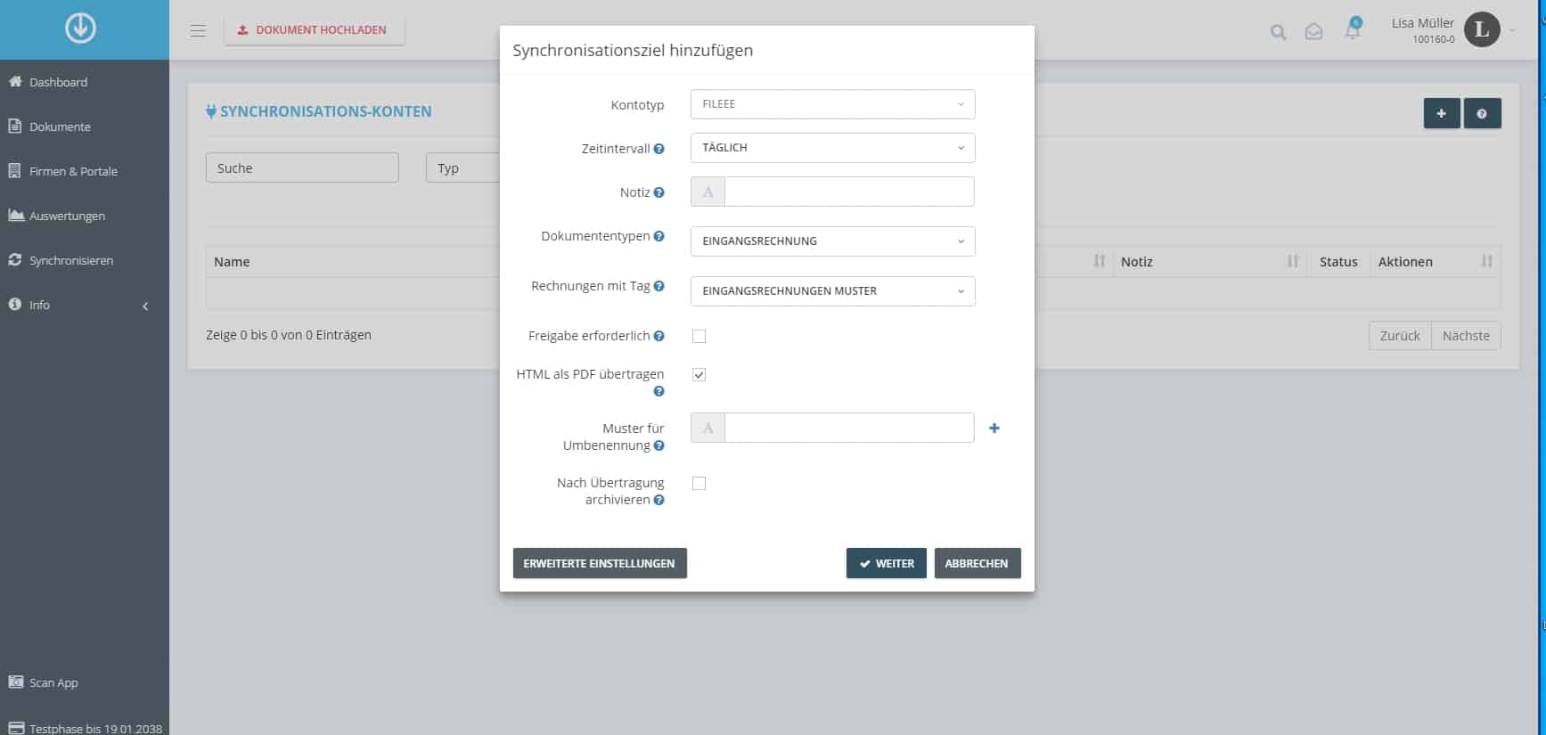 Schritt in GetMyInvoices für die fileee-Integration