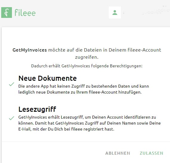 Schritt in GetMyInvoices für die fileee-Integration