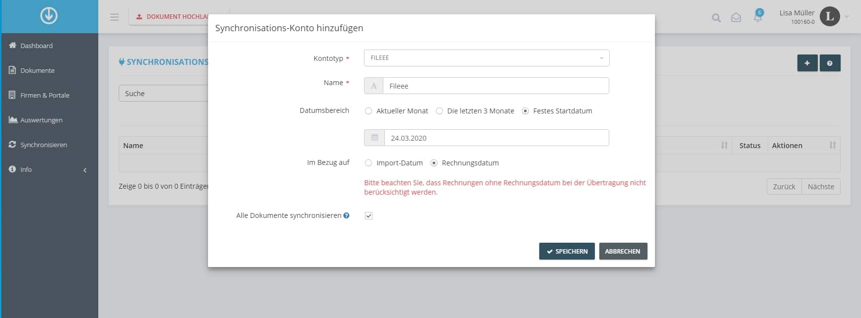 Schritt in GetMyInvoices für die fileee-Integration